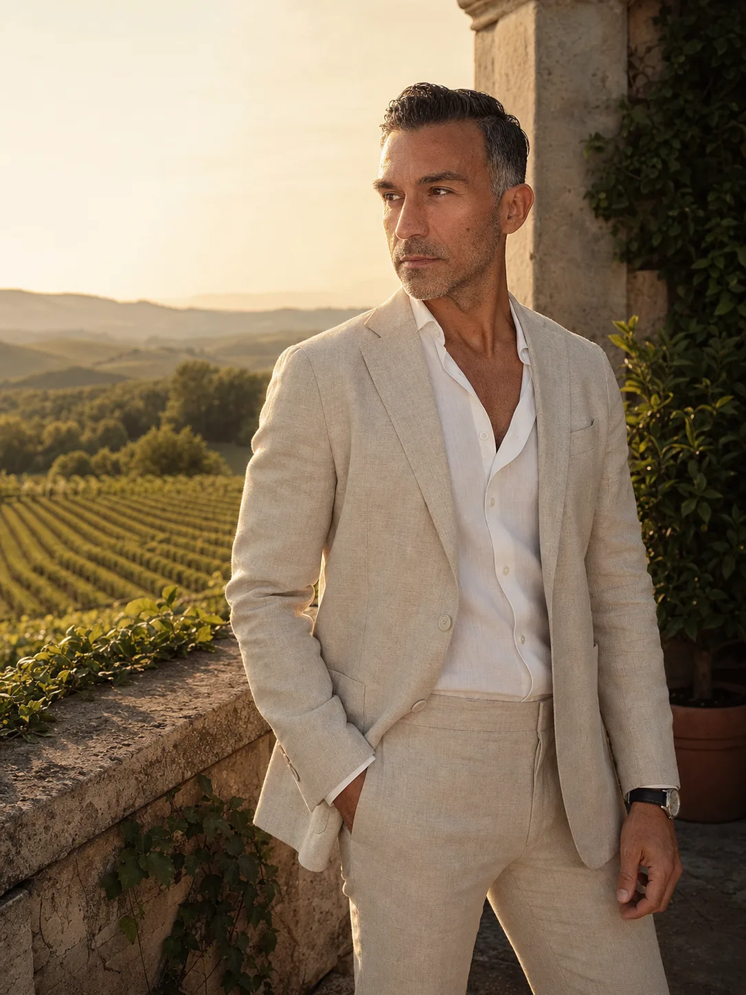 Anthony Clemenza on an estate terrace above the vines at golden hour
